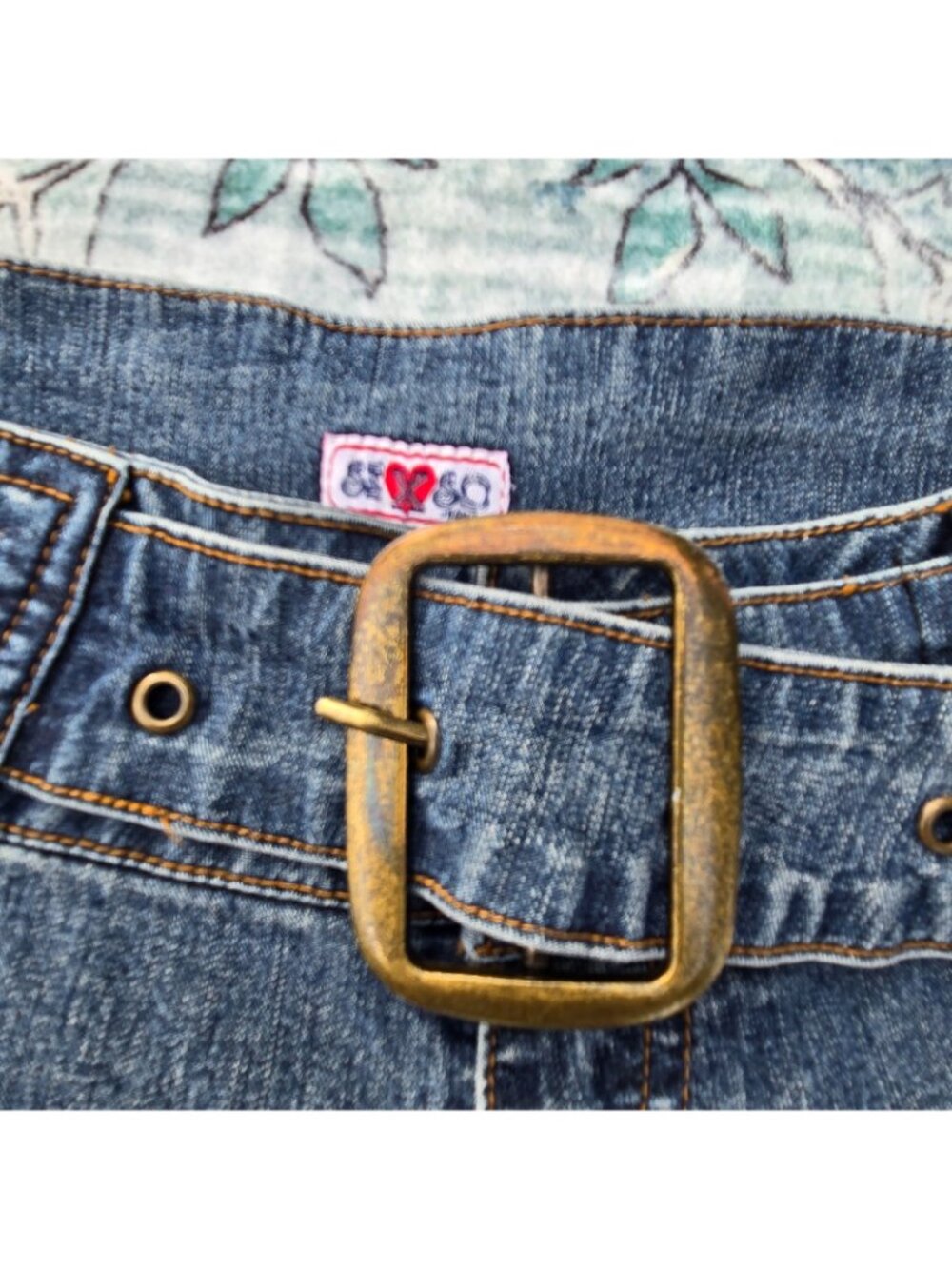 Vintage 90s Y2K Blue Denim Shorts With Buckle Belt Size L Mid Rise Stretch - Picture 2 of 8